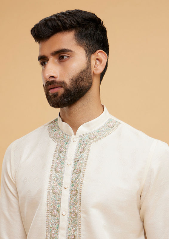 Twamev Men Twinkling Cream Brocade Kurta Pajama