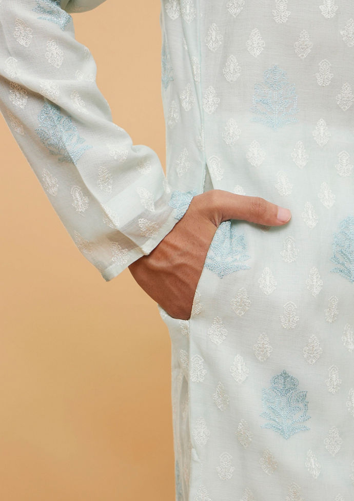 Twamev Men Aqua Green Buta Patterned Kurta Set