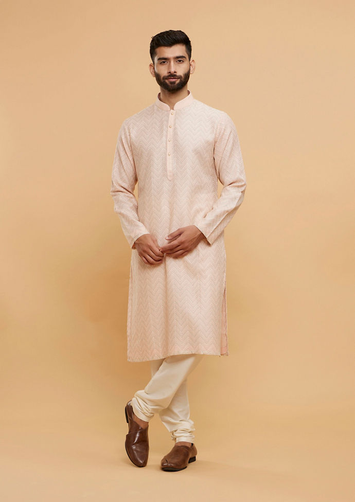 Twamev Men Peach Dust Chevron Patterned Kurta Set
