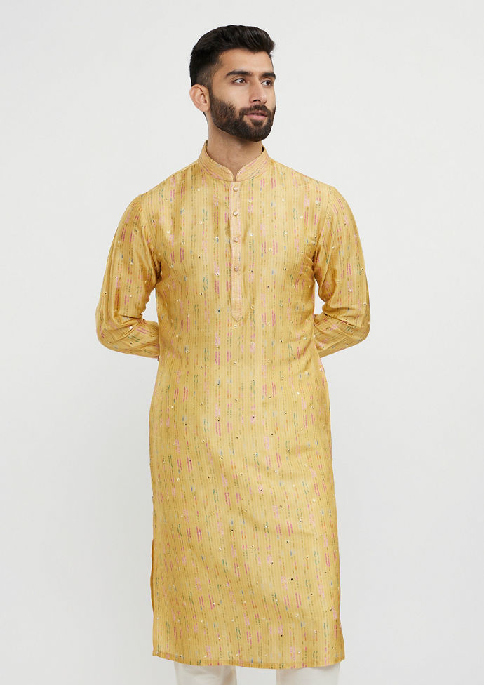 Twamev Men Mustard Yellow Mirror Embellished Kurta Set