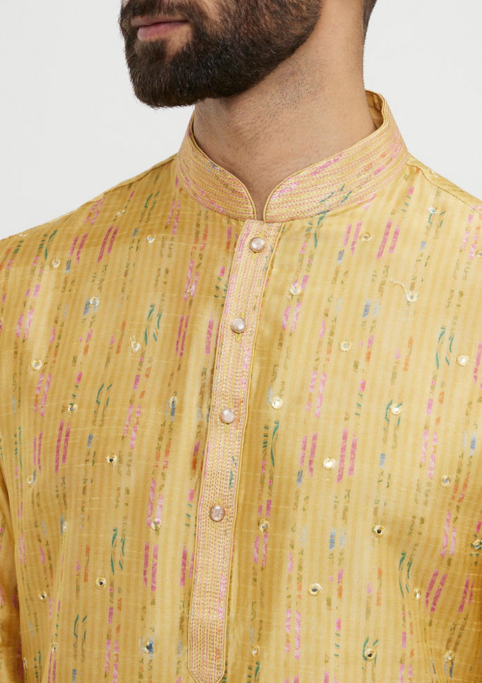 Twamev Men Mustard Yellow Mirror Embellished Kurta Set