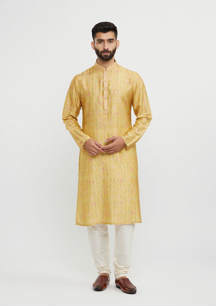 Twamev Men Mustard Yellow Mirror Embellished Kurta Set