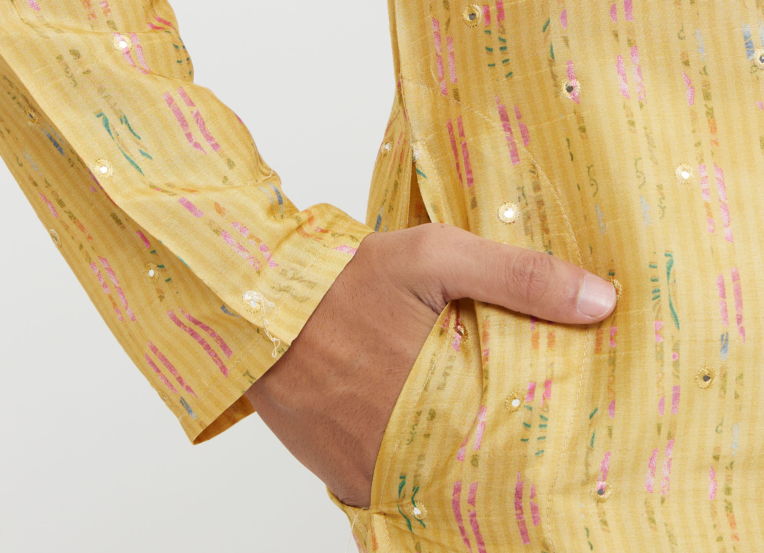 Twamev Men Mustard Yellow Mirror Embellished Kurta Set