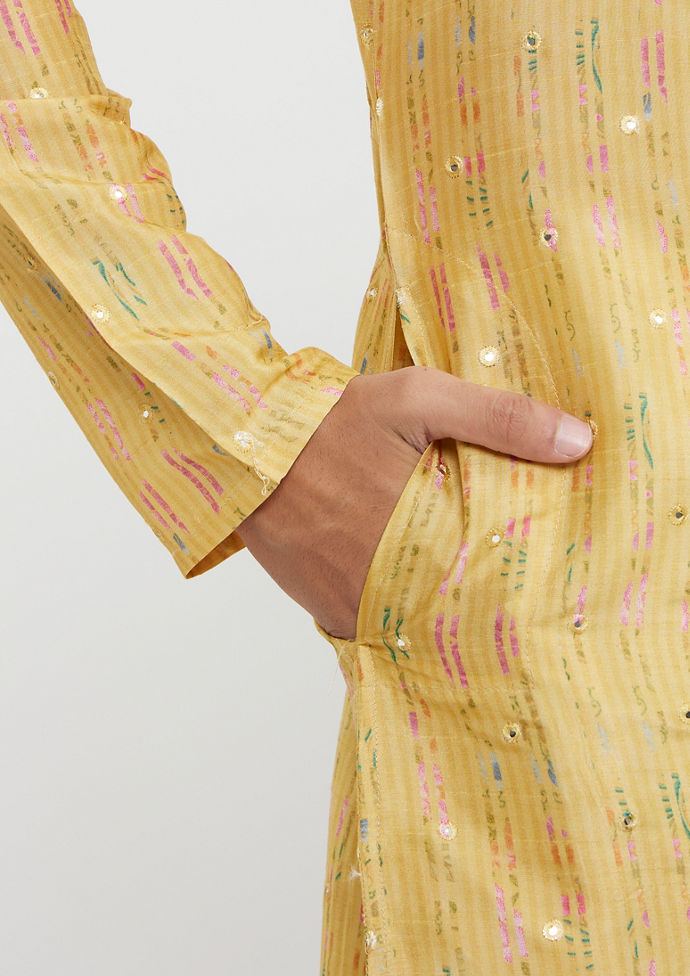 Twamev Men Mustard Yellow Mirror Embellished Kurta Set