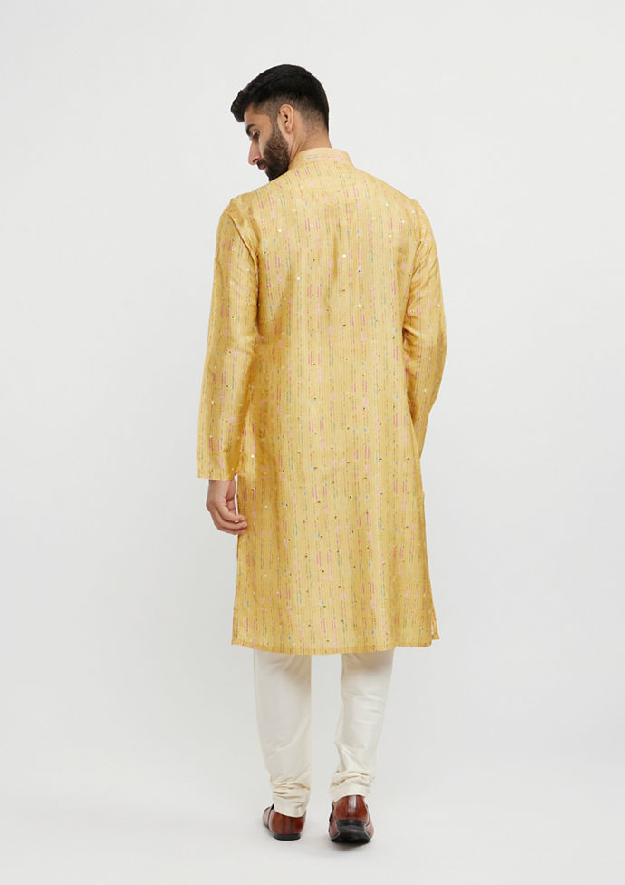 Twamev Men Mustard Yellow Mirror Embellished Kurta Set