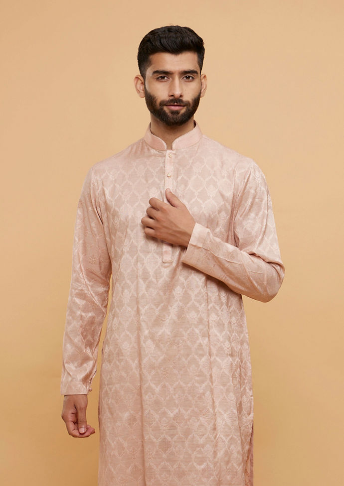 Twamev Men Pale Peach Ogee Patterned Kurta Set