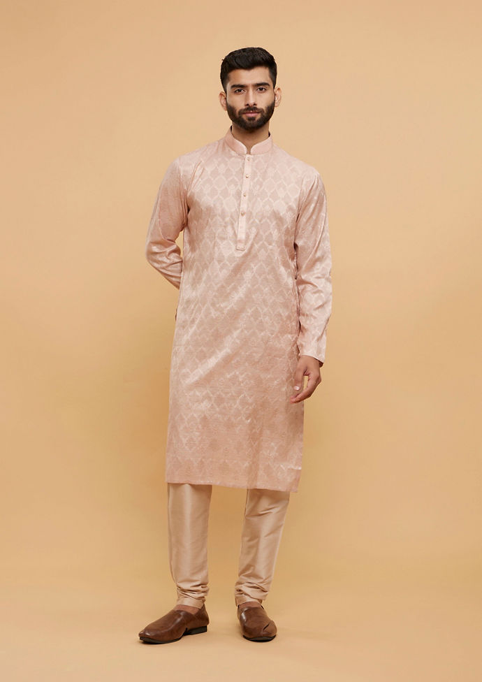 Twamev Men Pale Peach Ogee Patterned Kurta Set