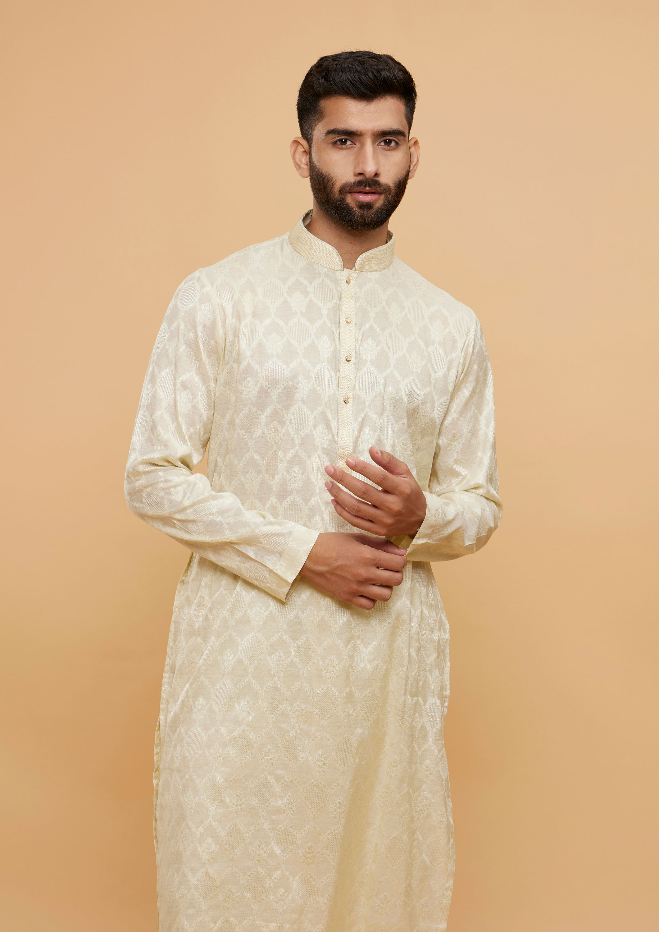 Twamev Men Lemon Yellow Ogee Patterned Kurta Set