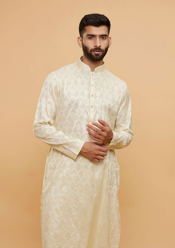 Twamev Men Lemon Yellow Ogee Patterned Kurta Set image number 0