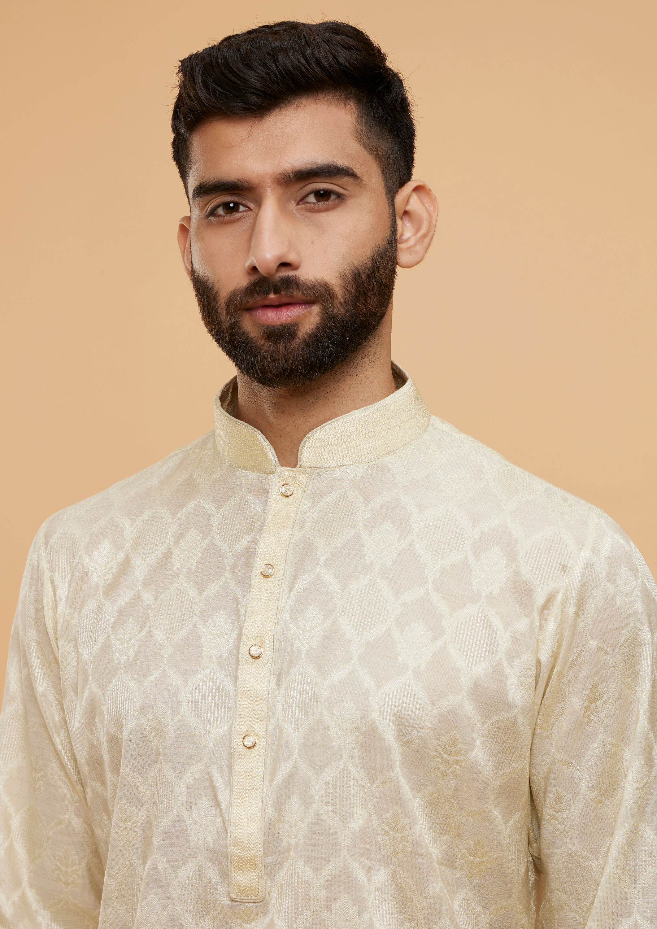 Twamev Men Lemon Yellow Ogee Patterned Kurta Set image number 1