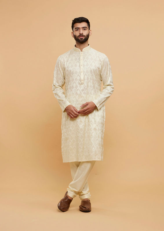 Twamev Men Lemon Yellow Ogee Patterned Kurta Set image number 2