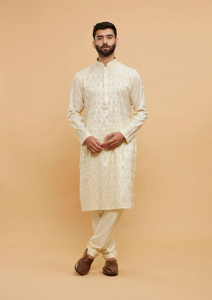 Twamev Men Lemon Yellow Ogee Patterned Kurta Set