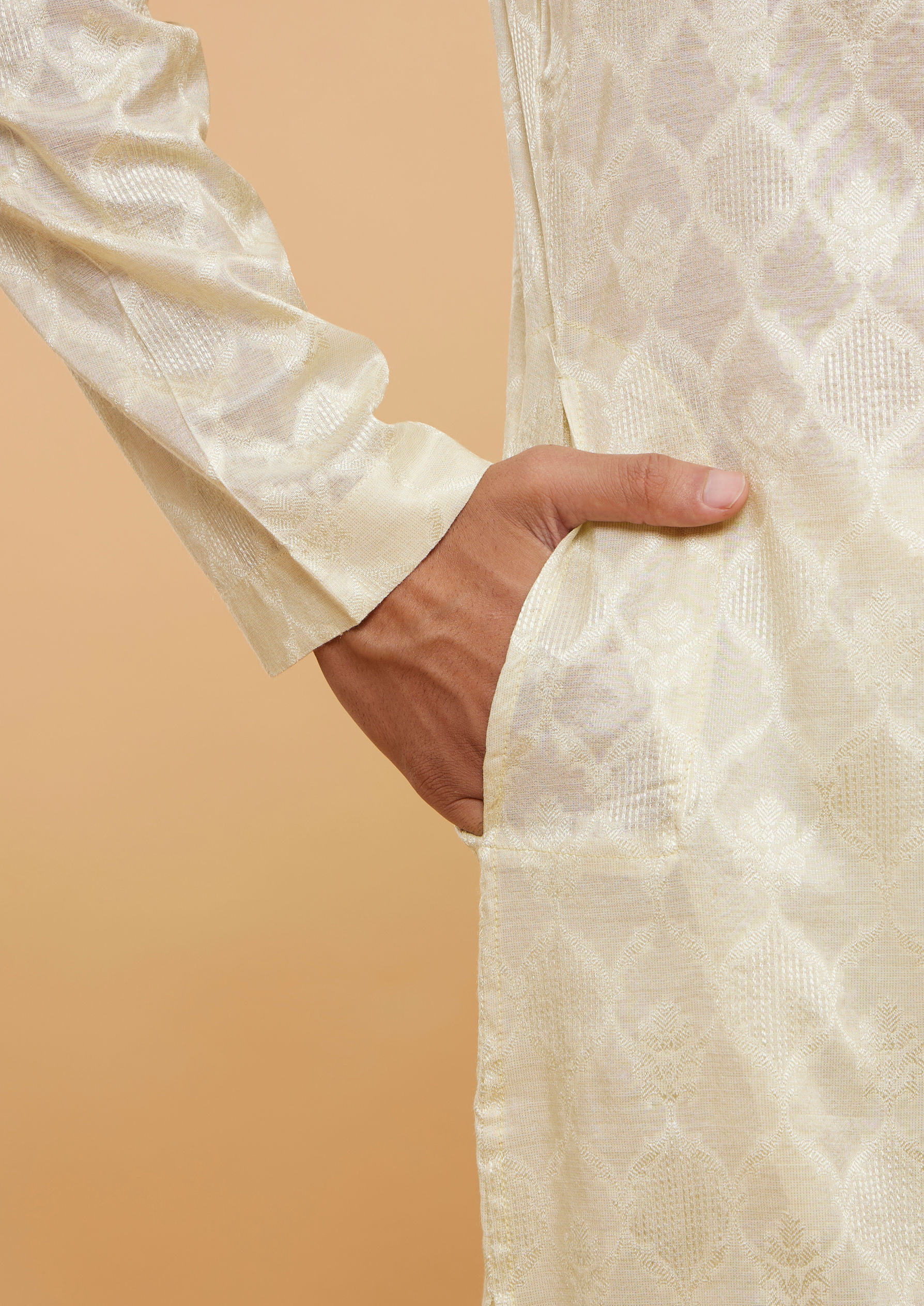 Twamev Men Lemon Yellow Ogee Patterned Kurta Set