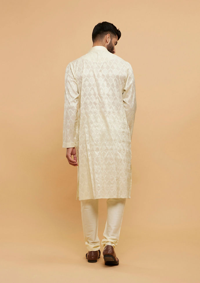 Twamev Men Lemon Yellow Ogee Patterned Kurta Set