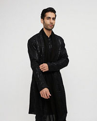 Twamev Men Black Georgette Embroidered Kurta Set with Dupatta