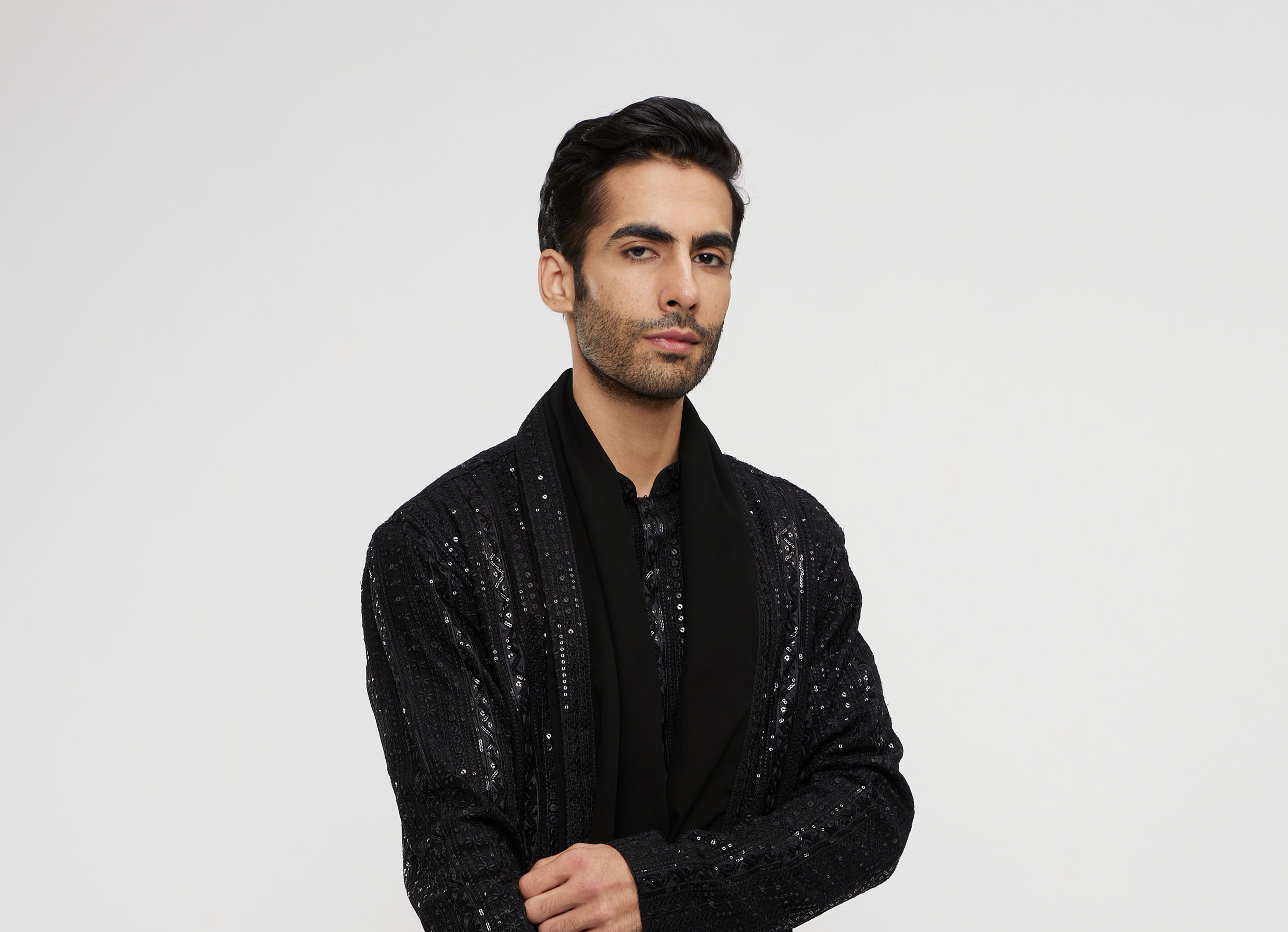 Twamev Men Black Georgette Embroidered Kurta Set with Dupatta