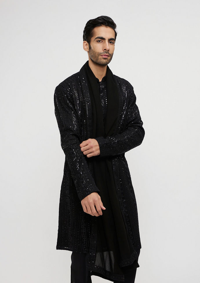 Twamev Men Black Georgette Elegance Kurta Pajama