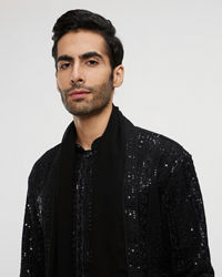 Twamev Men Black Georgette Embroidered Kurta Set with Dupatta
