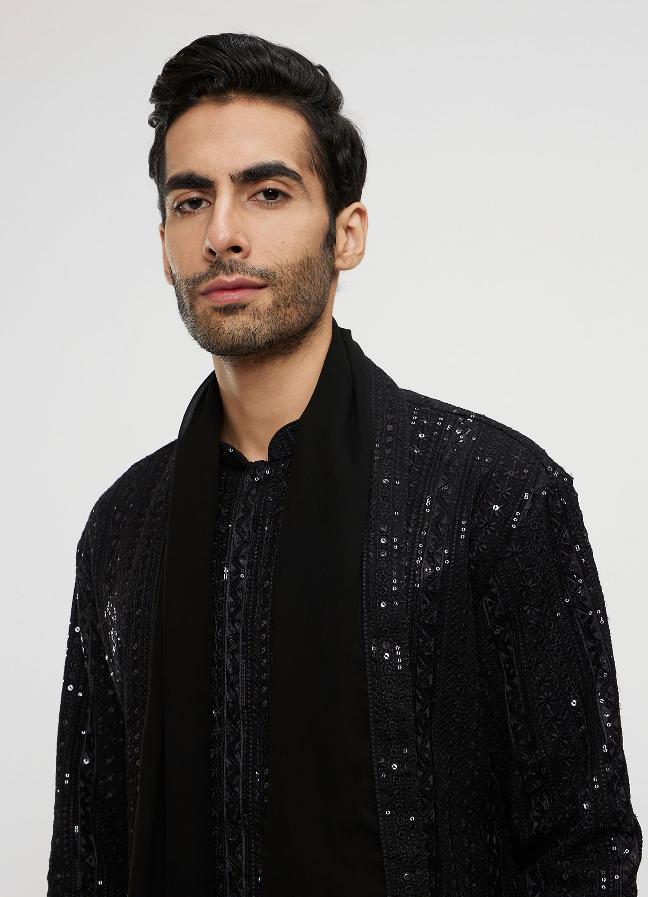 Twamev Men Black Georgette Embroidered Kurta Set with Dupatta