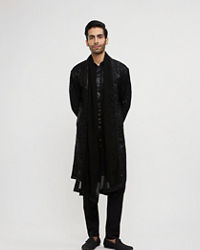 Twamev Men Black Georgette Embroidered Kurta Set with Dupatta