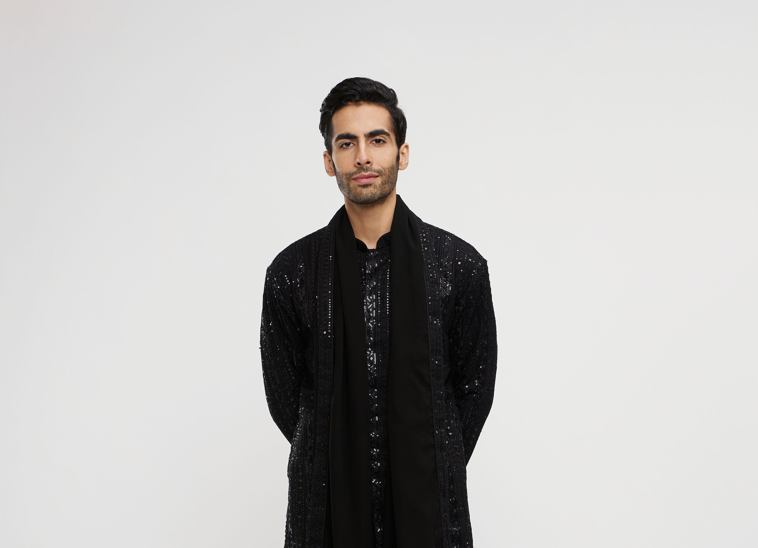 Twamev Men Black Georgette Embroidered Kurta Set with Dupatta