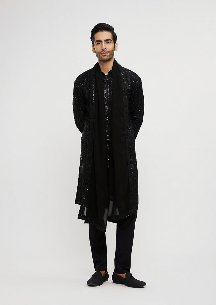 Twamev Men Black Georgette Elegance Kurta Pajama