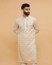 Twamev Men Beige Georgette Embroidered and Printed Kurta Set