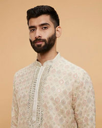 Twamev Men Beige Georgette Embroidered and Printed Kurta Set