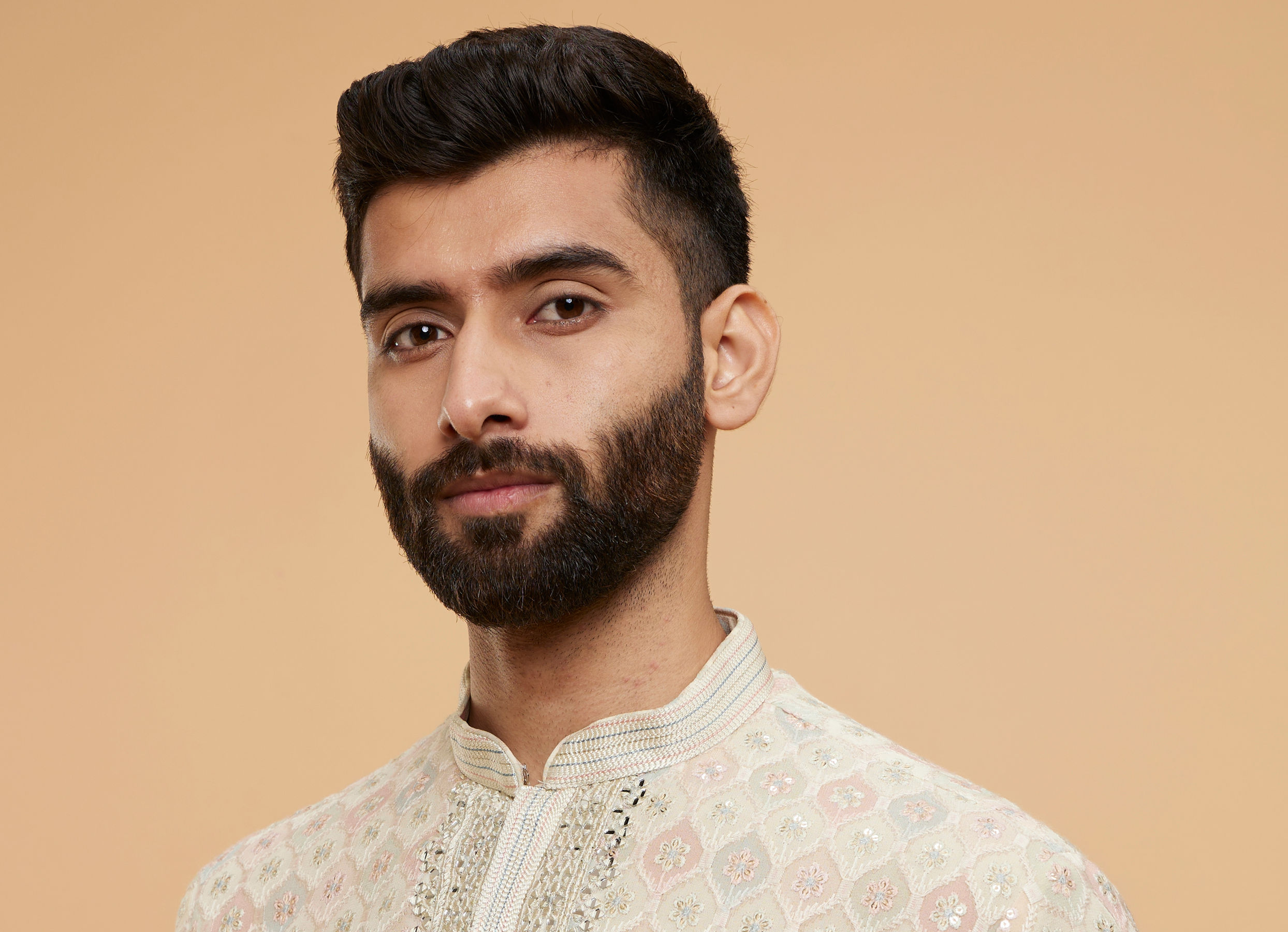 Twamev Men Beige Georgette Embroidered and Printed Kurta Set