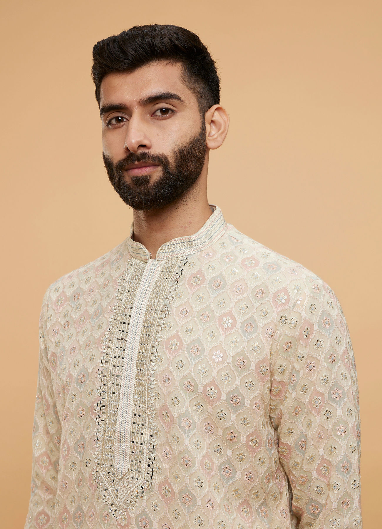 Twamev Men Beige Georgette Embroidered and Printed Kurta Set