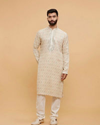 Twamev Men Beige Georgette Embroidered and Printed Kurta Set