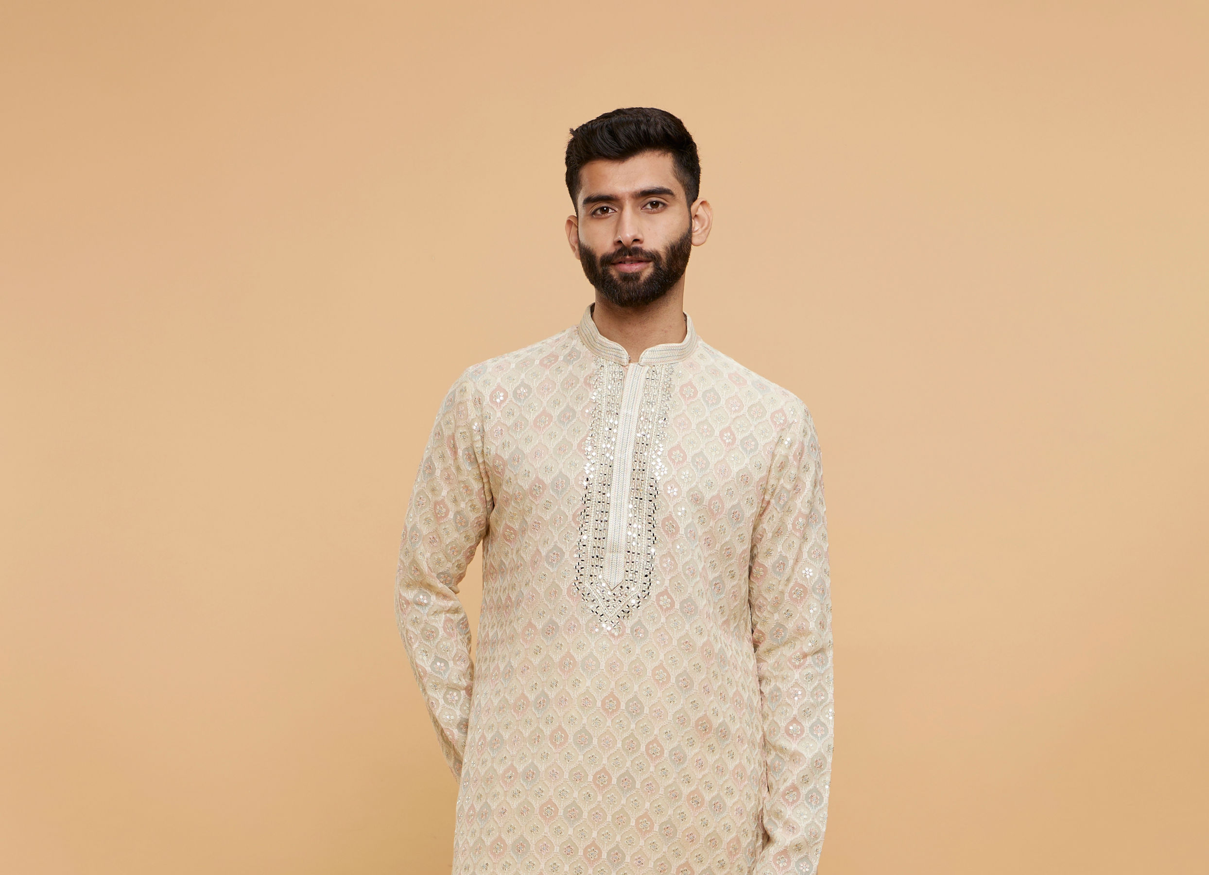 Twamev Men Beige Georgette Embroidered and Printed Kurta Set