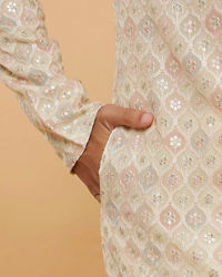 Twamev Men Beige Georgette Embroidered and Printed Kurta Set