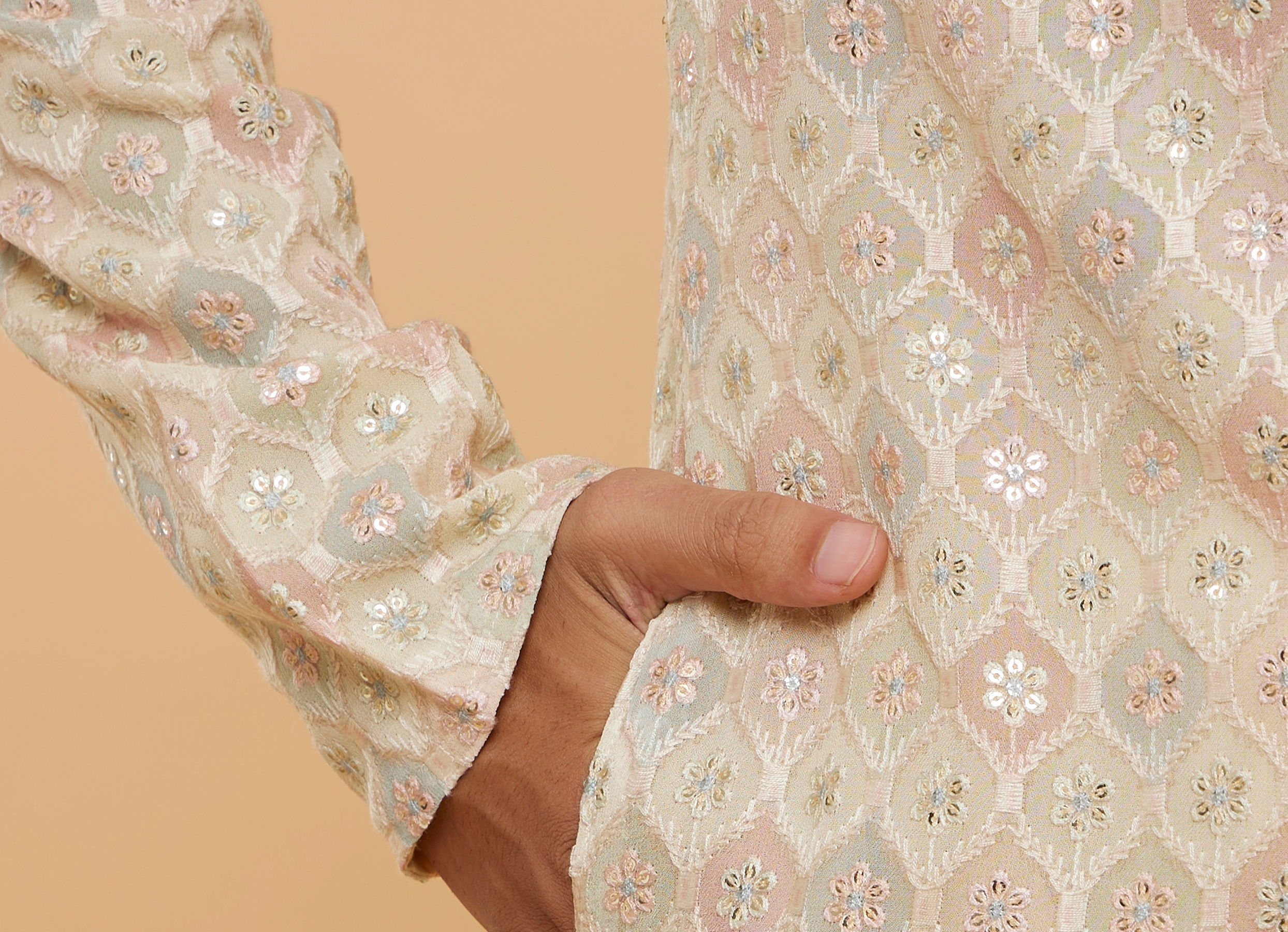 Twamev Men Beige Georgette Embroidered and Printed Kurta Set