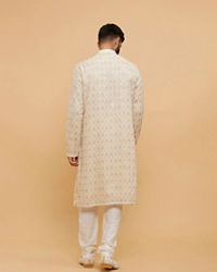 Twamev Men Beige Georgette Embroidered and Printed Kurta Set