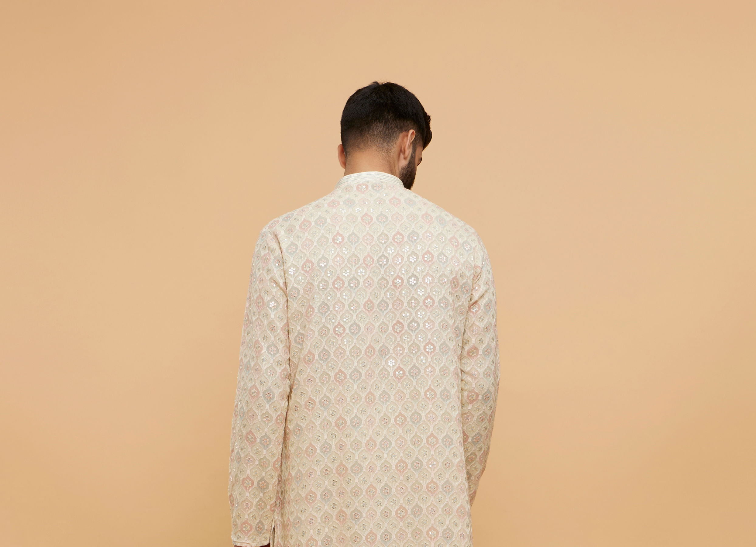 Twamev Men Beige Georgette Embroidered and Printed Kurta Set
