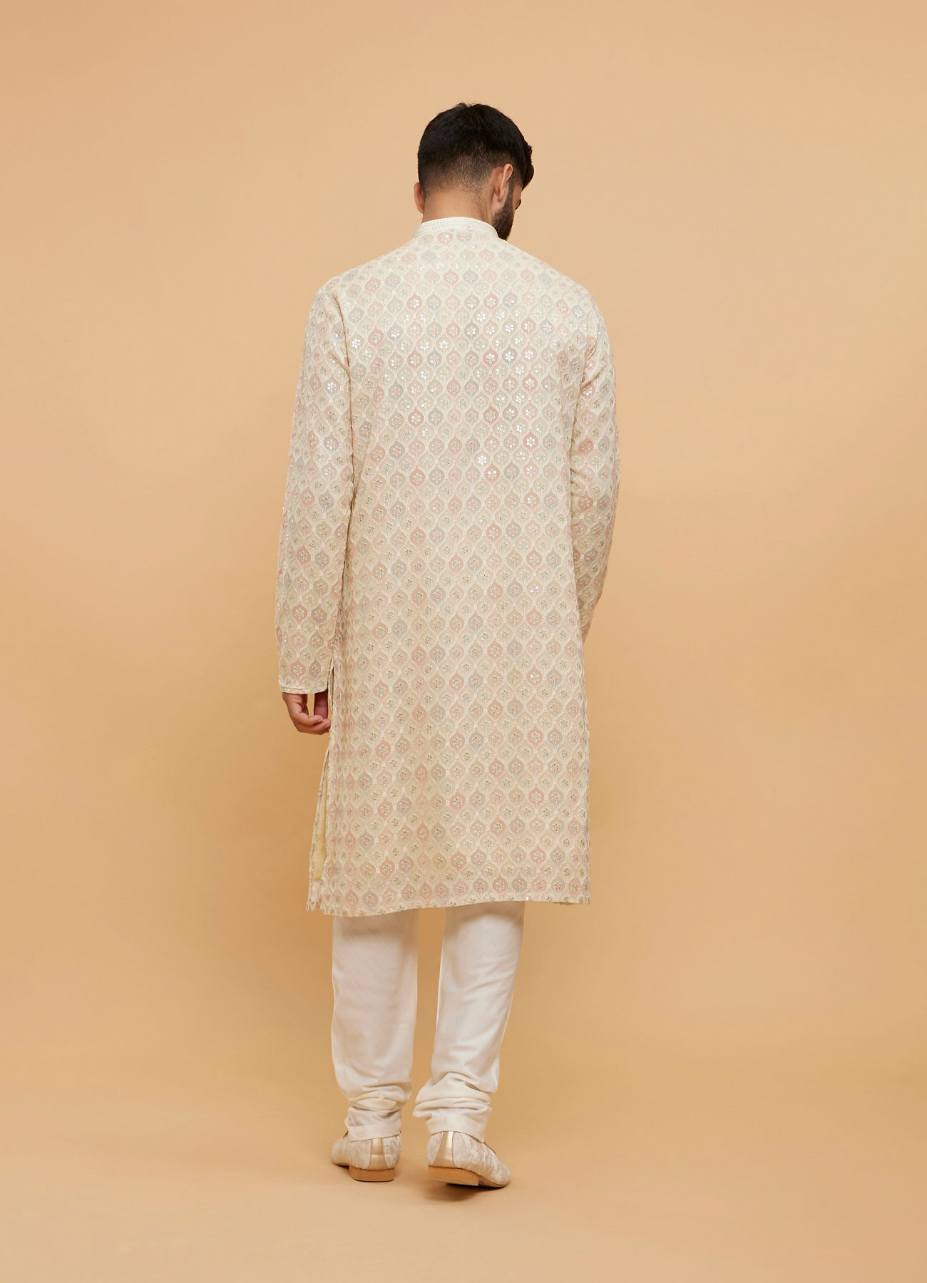 Twamev Men Beige Georgette Embroidered and Printed Kurta Set