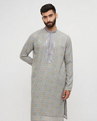 Twamev Men Grey Georgette Embroidered Kurta Set