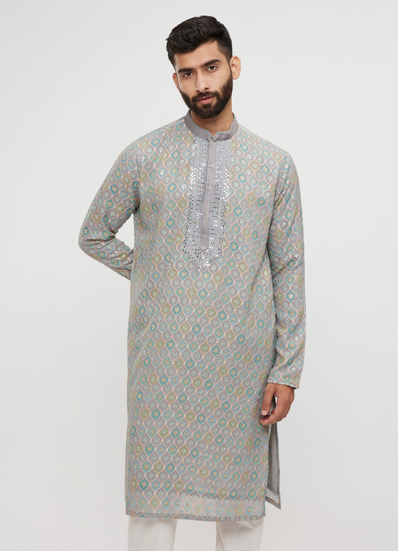 Twamev Men Grey Georgette Embroidered Kurta Set