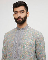 Twamev Men Grey Georgette Embroidered Kurta Set