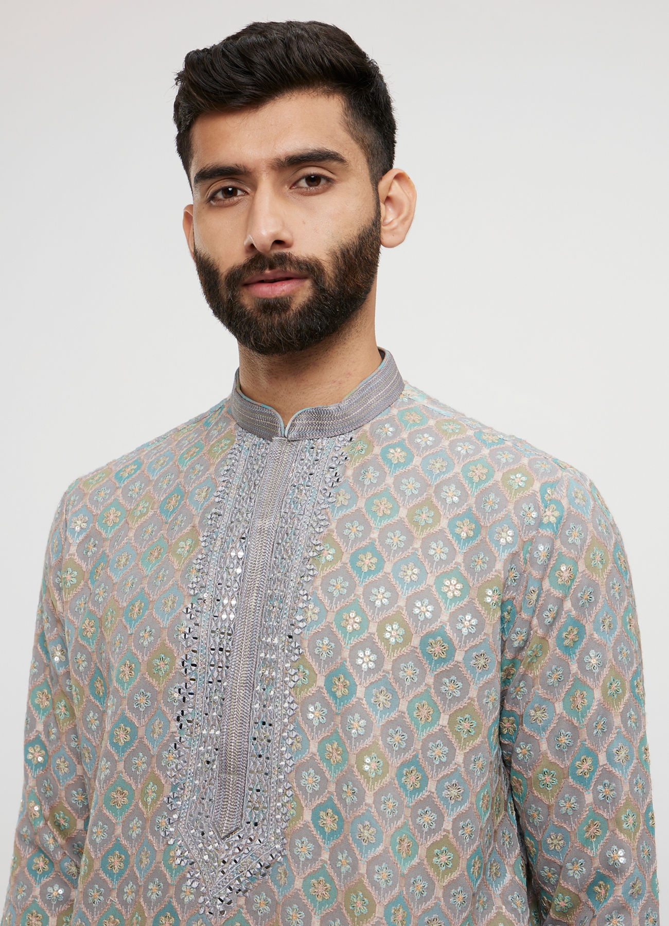 Twamev Men Grey Georgette Embroidered Kurta Set