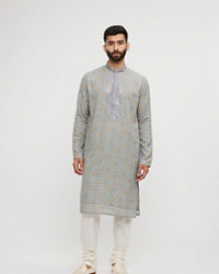 Twamev Men Grey Georgette Embroidered Kurta Set