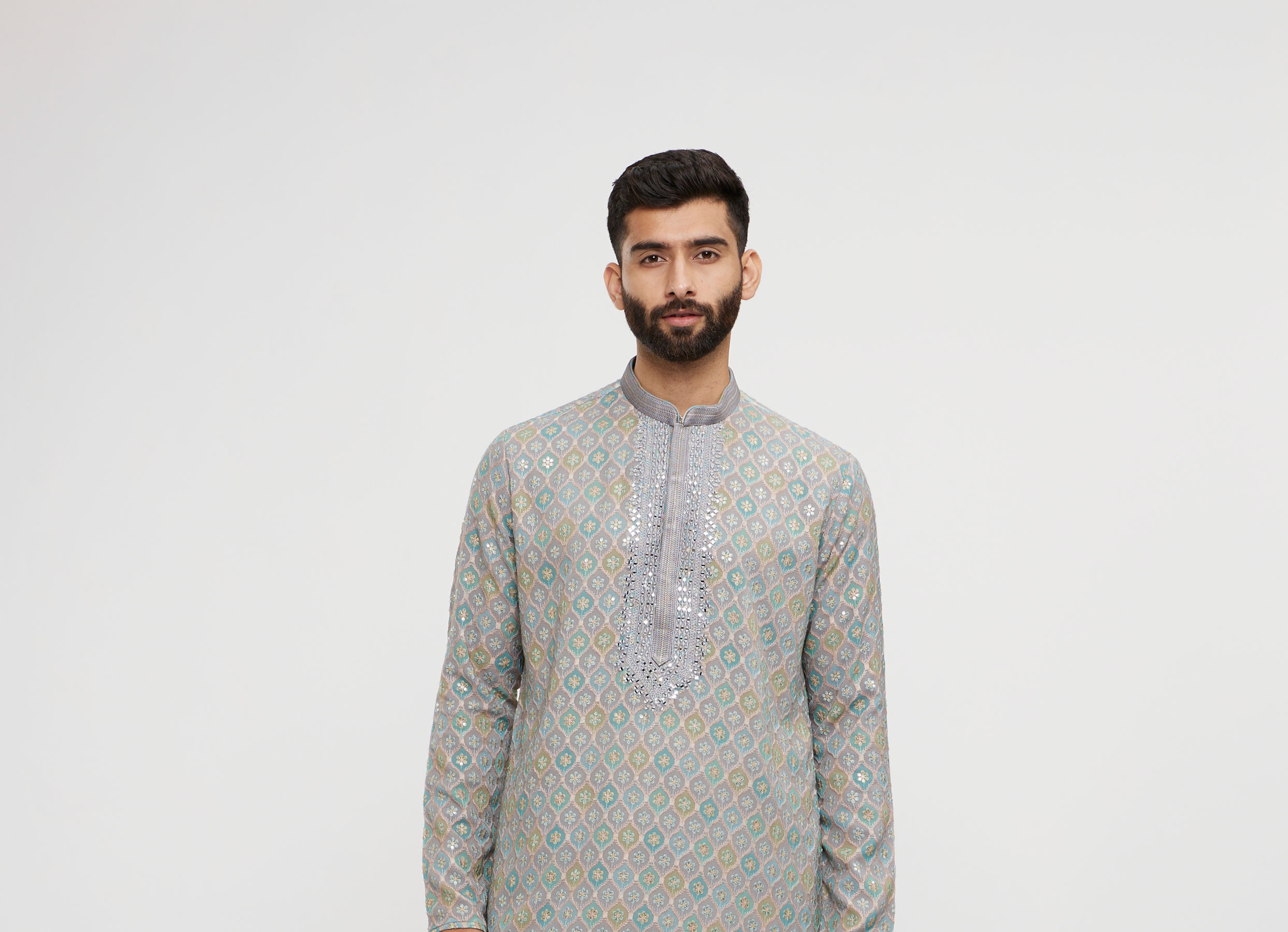 Twamev Men Grey Georgette Embroidered Kurta Set
