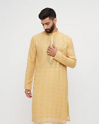 Twamev Men Mustard Georgette Embroidered Kurta Set