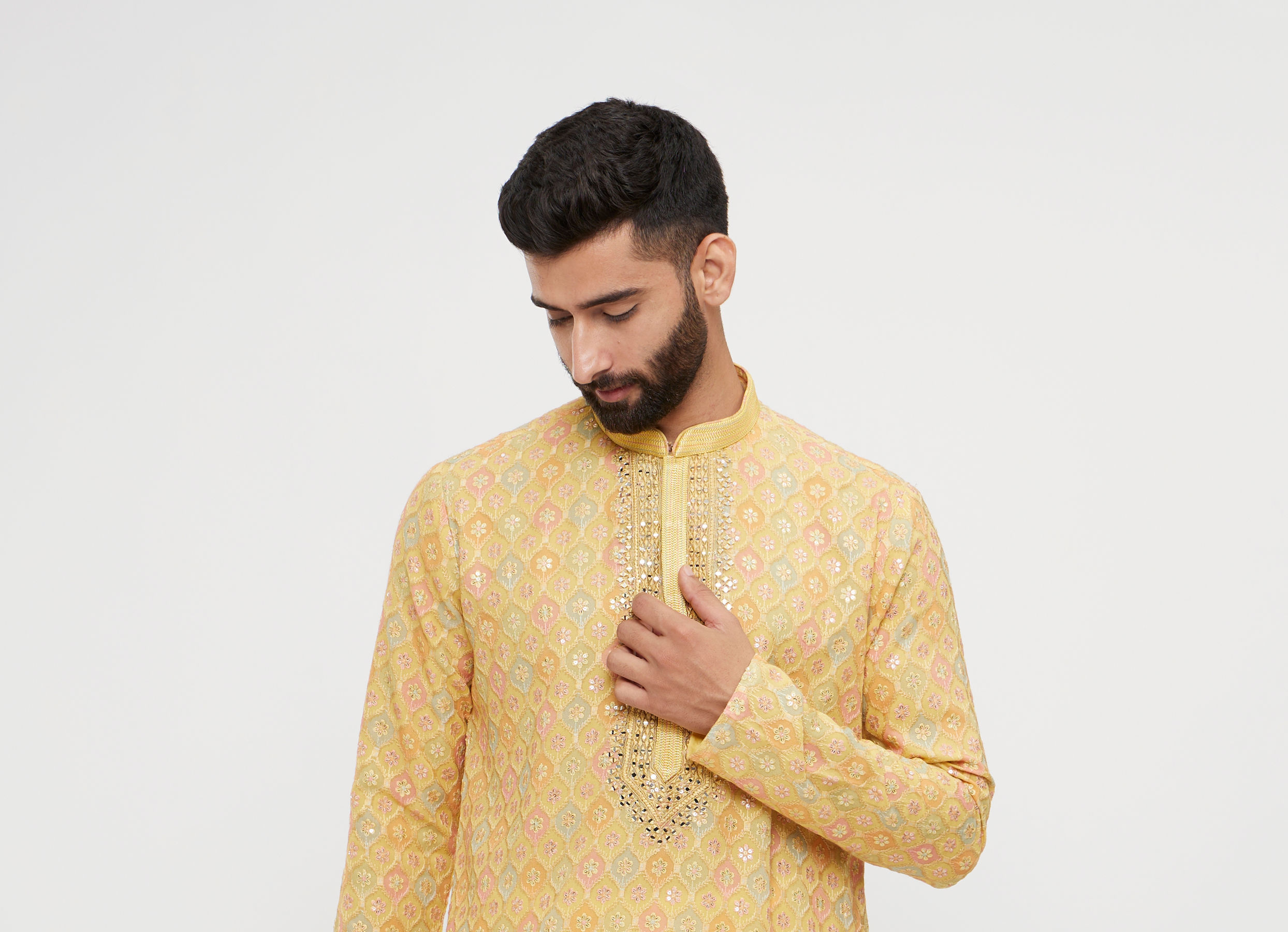 Twamev Men Mustard Georgette Embroidered Kurta Set