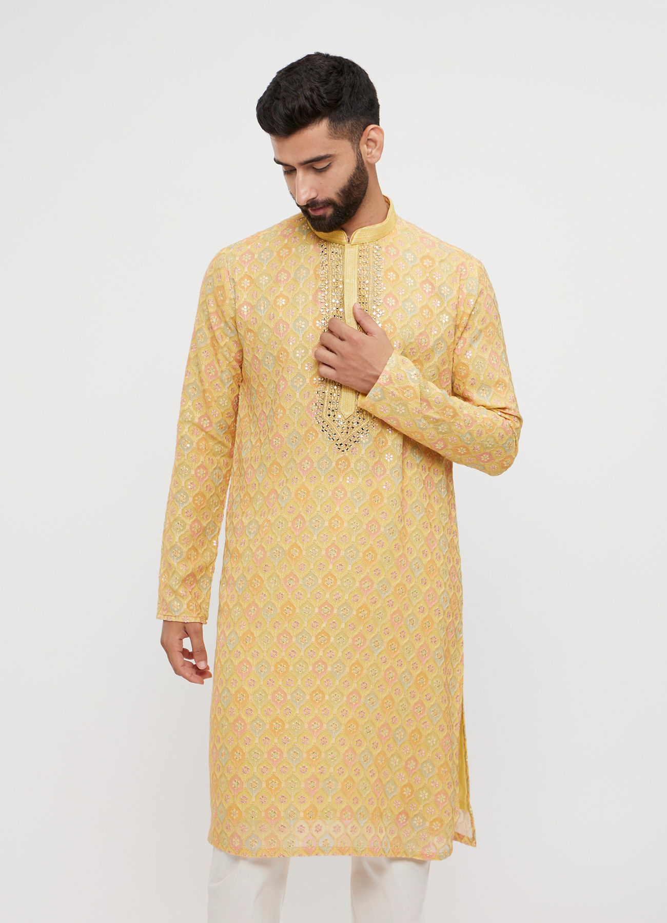 Twamev Men Mustard Georgette Embroidered Kurta Set