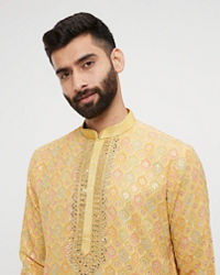 Twamev Men Mustard Georgette Embroidered Kurta Set