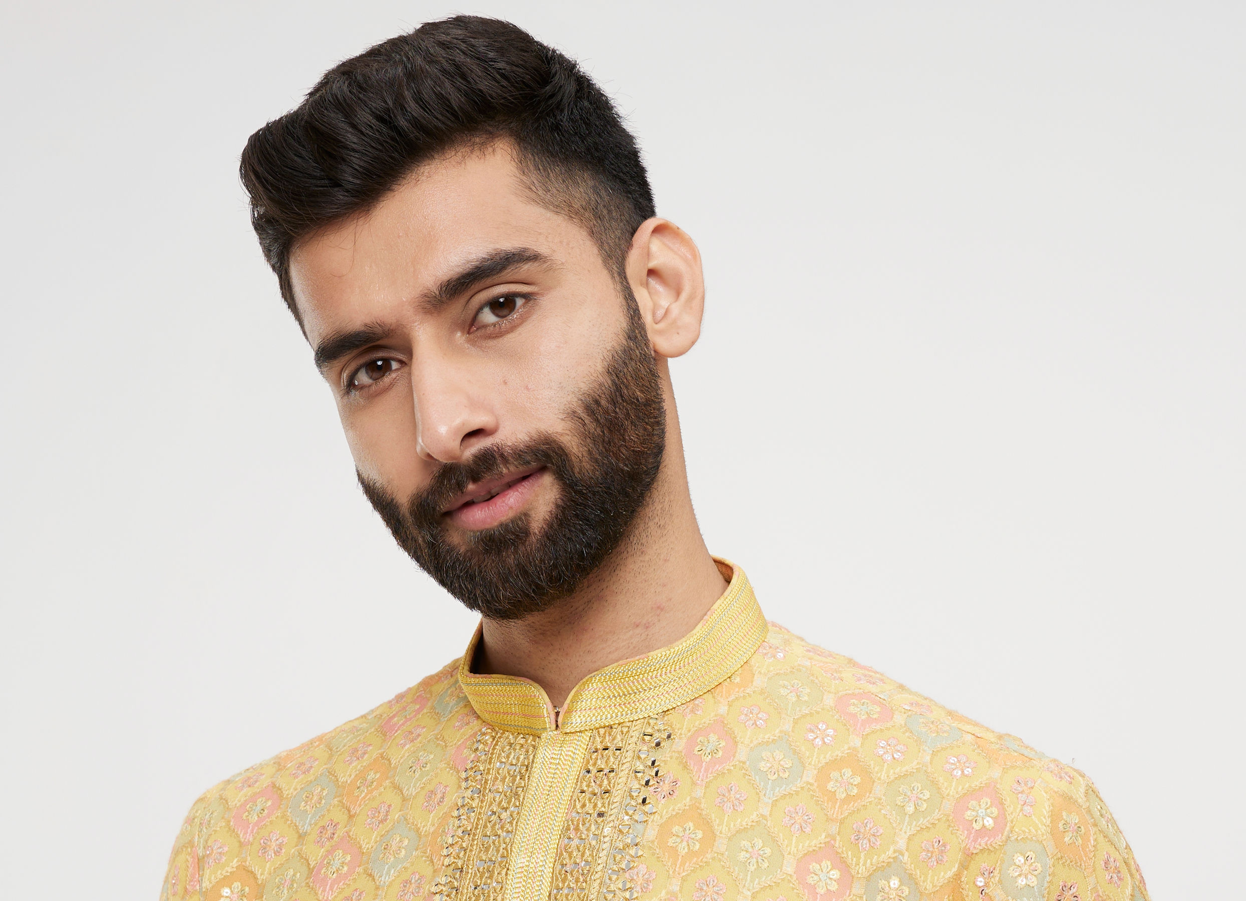 Twamev Men Mustard Georgette Embroidered Kurta Set