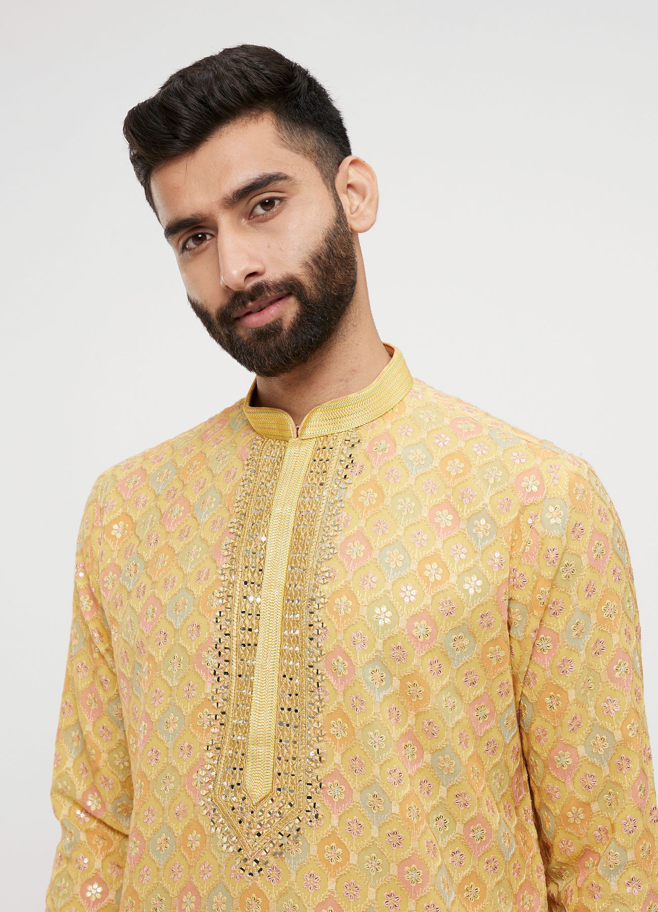 Twamev Men Mustard Georgette Embroidered Kurta Set