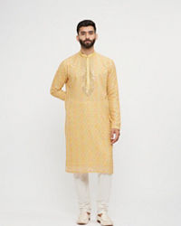 Twamev Men Mustard Georgette Embroidered Kurta Set
